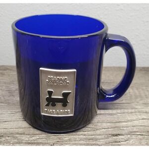 Monopoly Coffee Mug Cobalt Blue Glass Reading Railroad Take A Ride USA MADE EUC